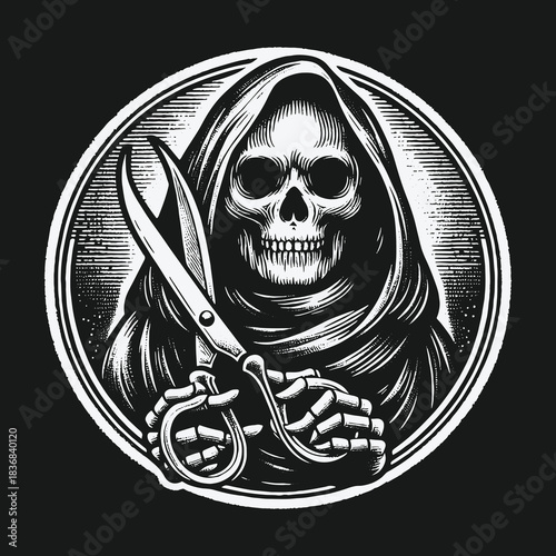 Macabre Grim Reaper Skull Holding Scissors Vintage Illustration.