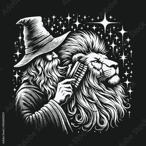 Mystical Wizard Gently Brushing a Majestic Lions Mane Under a Starry Sky.