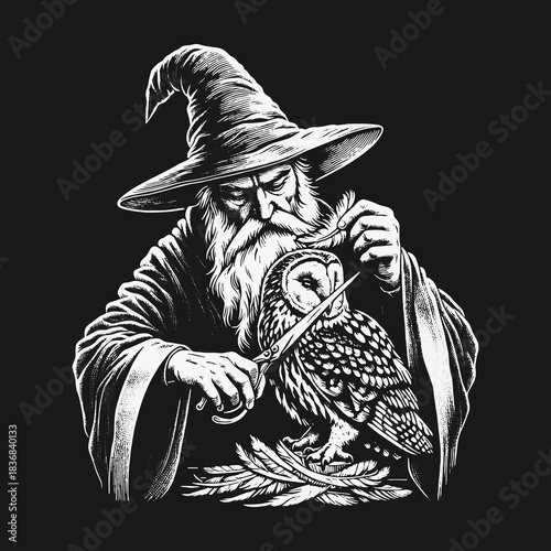 Monochrome illustration of an old wizard with a long beard grooming an owl.