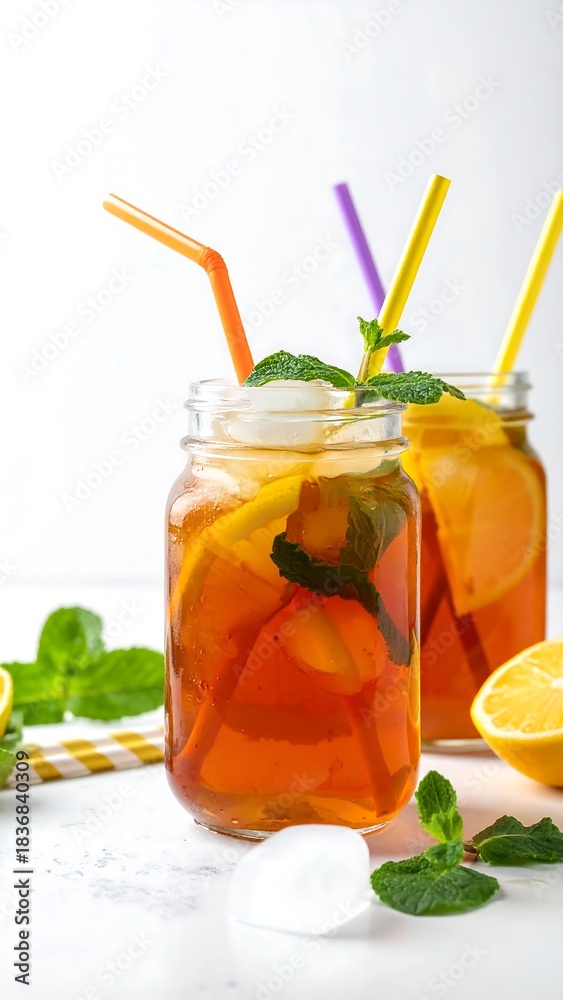 Fototapeta premium Refreshing iced tea glasses with lemon slices and mint