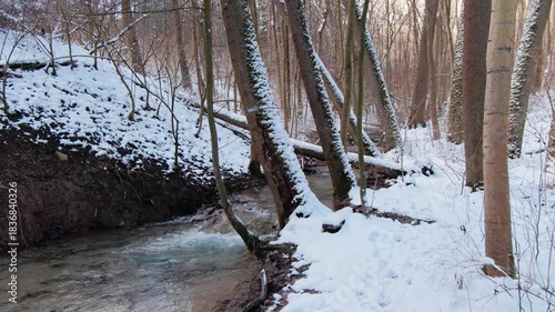 serene winter landscape showing snowladen forest with winding stream and gentle cascading water