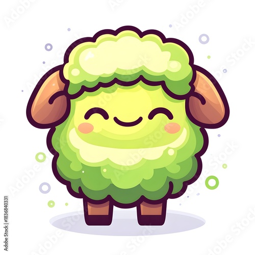 Delightful cartoon representation of a fluffy, happy, green creature with small horns