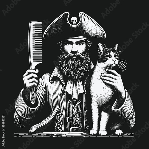 Bearded pirate captain with a skull hat holding a cat and a comb.