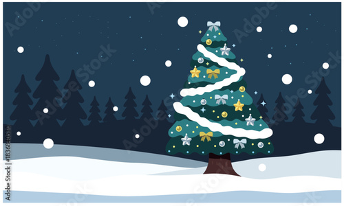 クリスマスツリーを使ったイラスト素材。森の雪景色の背景と雪、飾り付けられたクリスマスツリー