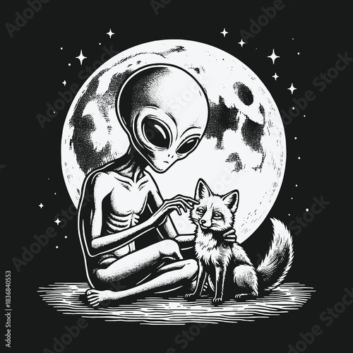 Monochrome Illustration of a Friendly Alien Petting a Fox.