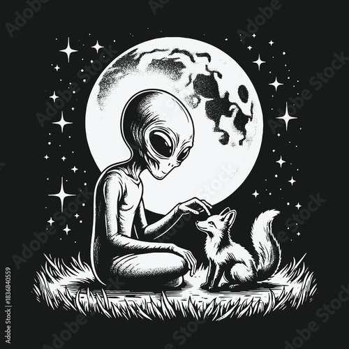 A Kind Alien Sits with a Fox in a Starry Night Scene.
