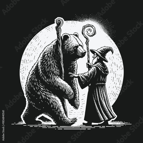 A wise wizard and his giant bear companion under the full moon.