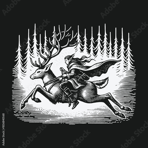 Fantasy elf rider on a galloping stag through a mystical forest illustration.