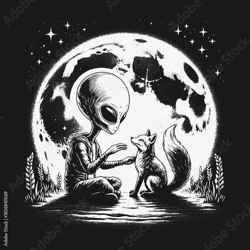 An alien and a fox share a gentle moment under the full moon.