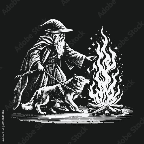 Fantasy wizard with a wolf companion by a magical campfire.