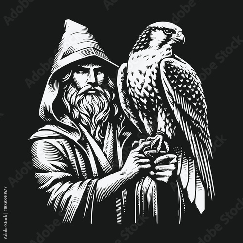 Wise wizard with a long beard holding a majestic falcon illustration.