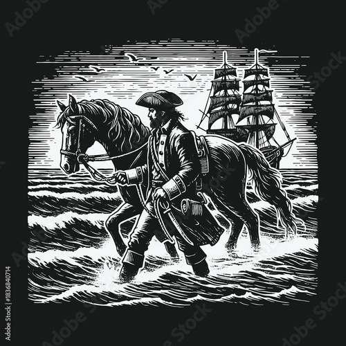 Pirate captain leading a horse through the ocean waves with a ship.