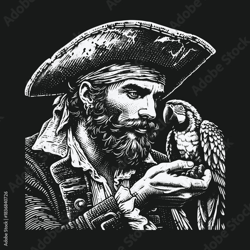 Monochrome engraved portrait of a pirate captain with his parrot.