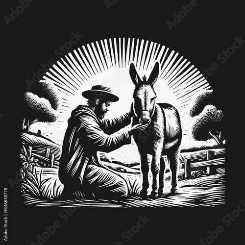 Black and white woodcut illustration of a farmer petting his donkey.