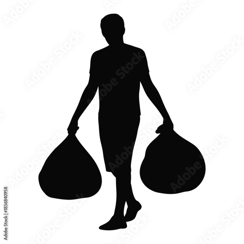 Man Silhouette Carrying Two Heavy Trash or Garbage Bags Vector