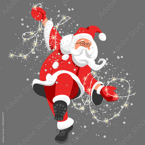Santa Claus. Garland. Santa holds small light bulbs in his hands. Christmas Eve. Holiday. Congratulation. Postcard