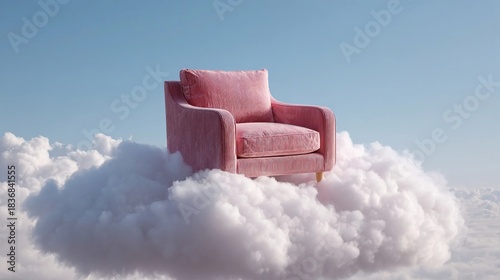 Pink corduroy armchair resting upon a fluffy white cloud against a clear blue sky