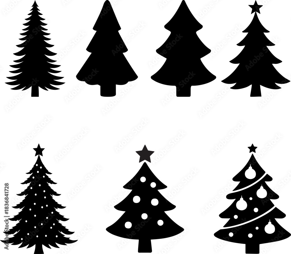 Obraz premium Christmas Tree Silhouette Vector Collection. Minimalist Holiday Icon Set