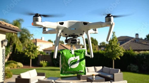 A white delivery drone flying over a suburban backyard, carrying a green package with a logo, under a clear blue sky.