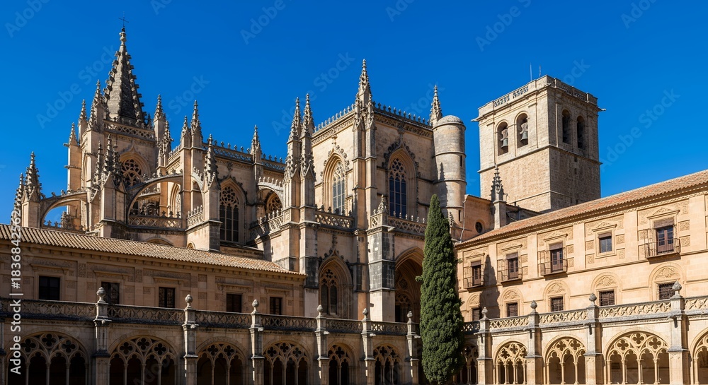 Fototapeta premium Magnificent Gothic architecture of the Cathedral of Segovia under a clear blue sky.