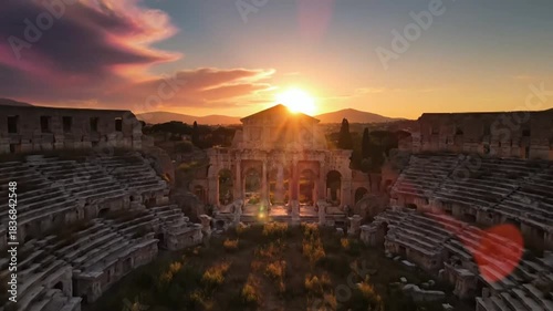 Majestic ancient amphitheater ruins at sunset, bathed in golden light with a dramatic sky and overgrown features.