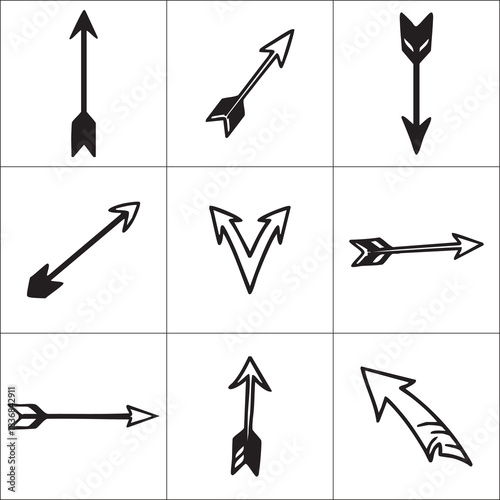 Collection of handdrawn black arrow designs isolated on white background