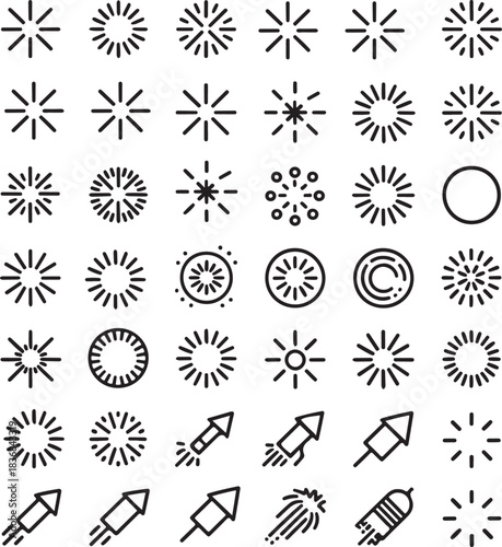 Hand-drawn firework and sparkler vector set, festive symbols, black and white illustrations