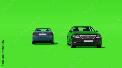 Two Luxury Sedan Cars on Green Screen for Easy Chromakey Compositing