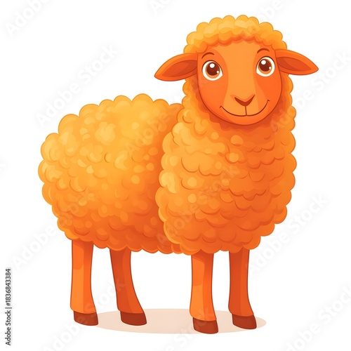 Cartoon illustration depicts a happy, fluffy sheep with bright orange wool standing against a white background