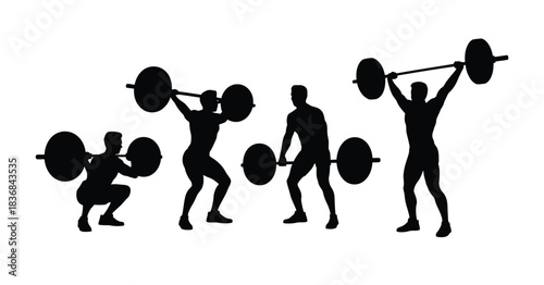 Four black silhouettes of men lifting weights in various exercise positions silhouette