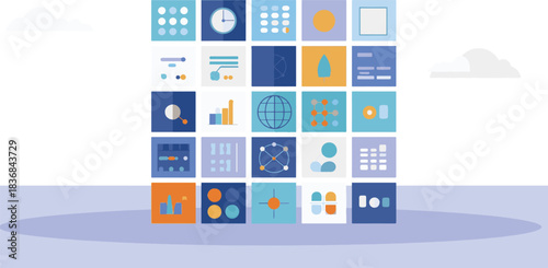 Abstract Grid of Colorful Application Icons Representing Digital Data and Technology.