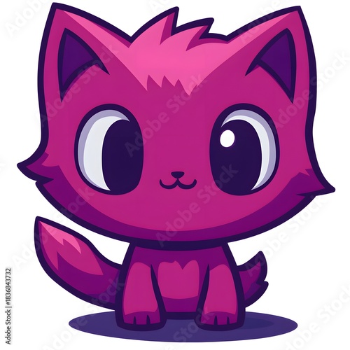 Stylized, cute cartoon feline character with large eyes rendered in bright magenta and purple tones