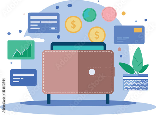 Wallet with financial elements and growth chart.