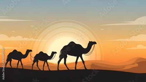 Three Camels Silhouette Walking Across Desert Sand Dunes at Sunset or Sunrise Landscape