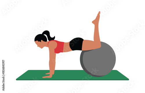 Woman Performing Core Stability Exercise with Large Fitness Ball in Bright Modern Gym