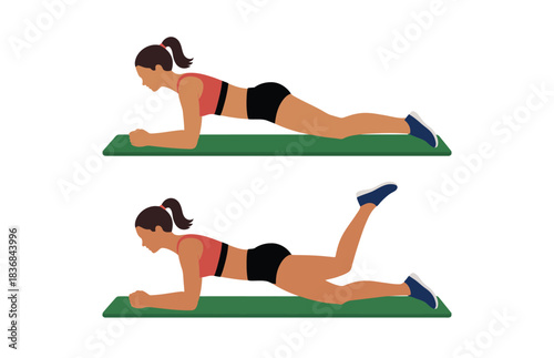 Woman Doing Modified Plank and Knee Flexion Exercise Illustration on Yoga Mat
