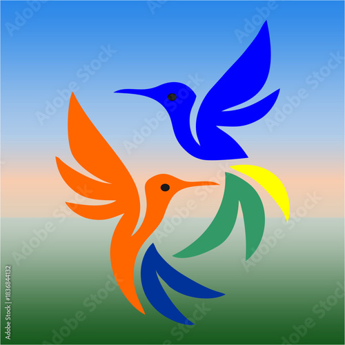 Two vibrant birds circle in a graceful loop, blending blue, orange, green, and yellow into a symbol of balance, motion, unity, and renewal.