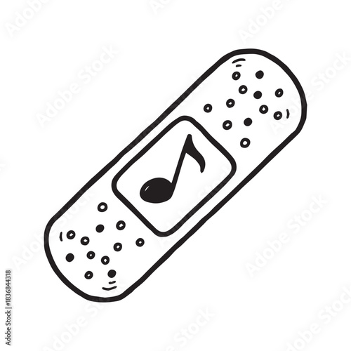 Simple hand-drawn band-aid with a musical note symbol. Conceptual doodle illustration representing the healing power of music, music therapy, or emotional first aid.

