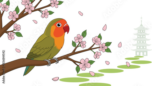Colorful lovebird resting on blooming cherry blossom branch with falling petals and distant pagoda in serene nature themed vector illustration design