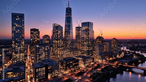 A breathtaking panoramic view of a modern city skyline at twilight, featuring illuminated skyscrapers, a reflective river, and a colorful sky.