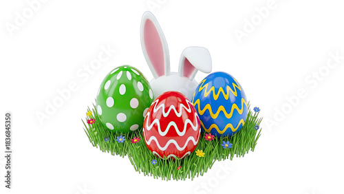 Easter Eggs and Bunny Ears on Grass