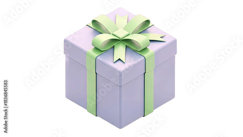 Gift Box with Green Ribbon and Bow on White Background