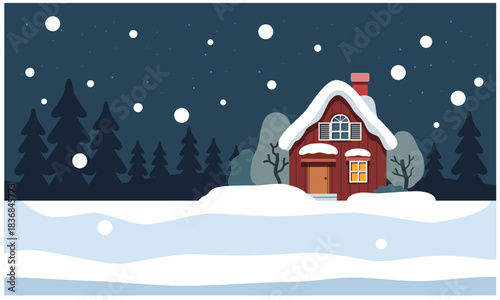 森の中の一軒家のイラスト素材。夜の森と古民家と雪景色。