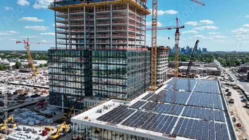 Aerial view of a modern building under construction with solar panels on the roof and cranes in an urban environment.