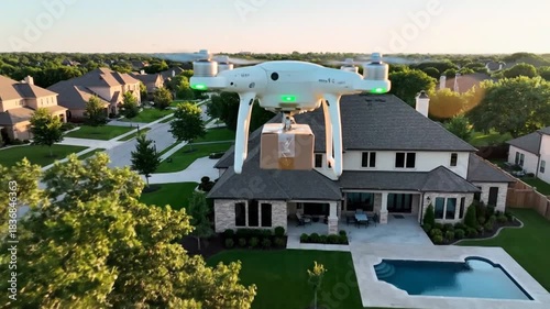 A white drone delivers a package to a large modern house with a swimming pool in a suburban neighborhood.
