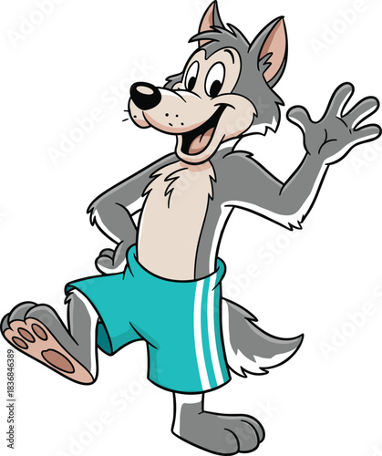 Cartoon anthropomorphic wolf character waving in turquoise shorts, playful pose, cheerful mascot for kids, sports, events, media, and branding