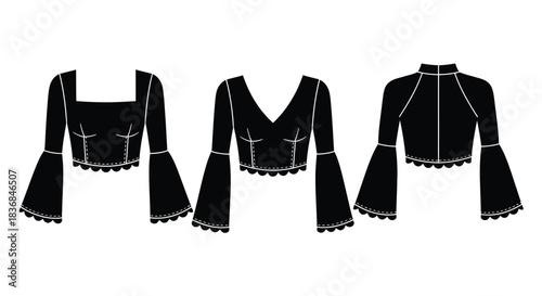 Three stylish black crop tops with long bell sleeves and decorative trim, presented from different angles.