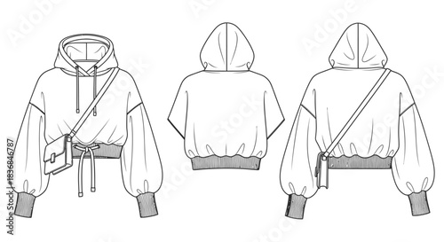 Fashion design illustration of a trendy cropped hoodie with balloon sleeves and a crossbody bag.