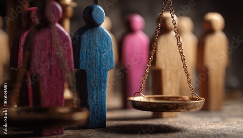 a set of balanced scales with different-colored wooden mannequins in the background, representing gender equality and justice.