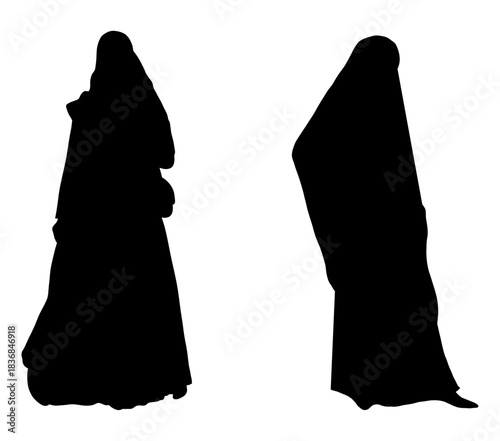Women Wearing Burqa Silhouette Vector. Islamic Modest Fashion Illustration